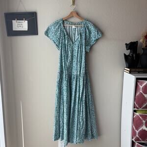 Apiece Apart Dress Trini Floral Blue Green Organic Cotton Midi Dress Size L